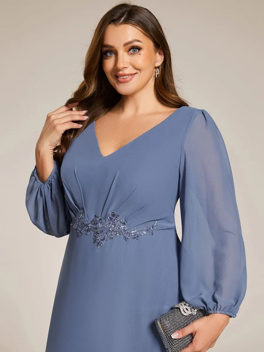 Nora | Plus Size V-Neck Long Sleeves Chiffon Formal Evening Dress with Applique