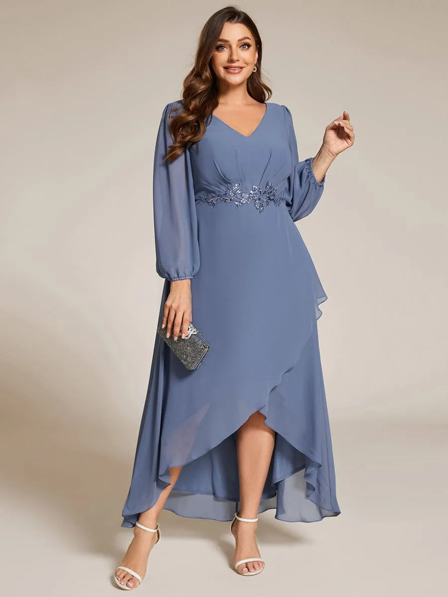 Nora | Plus Size V-Neck Long Sleeves Chiffon Formal Evening Dress with Applique