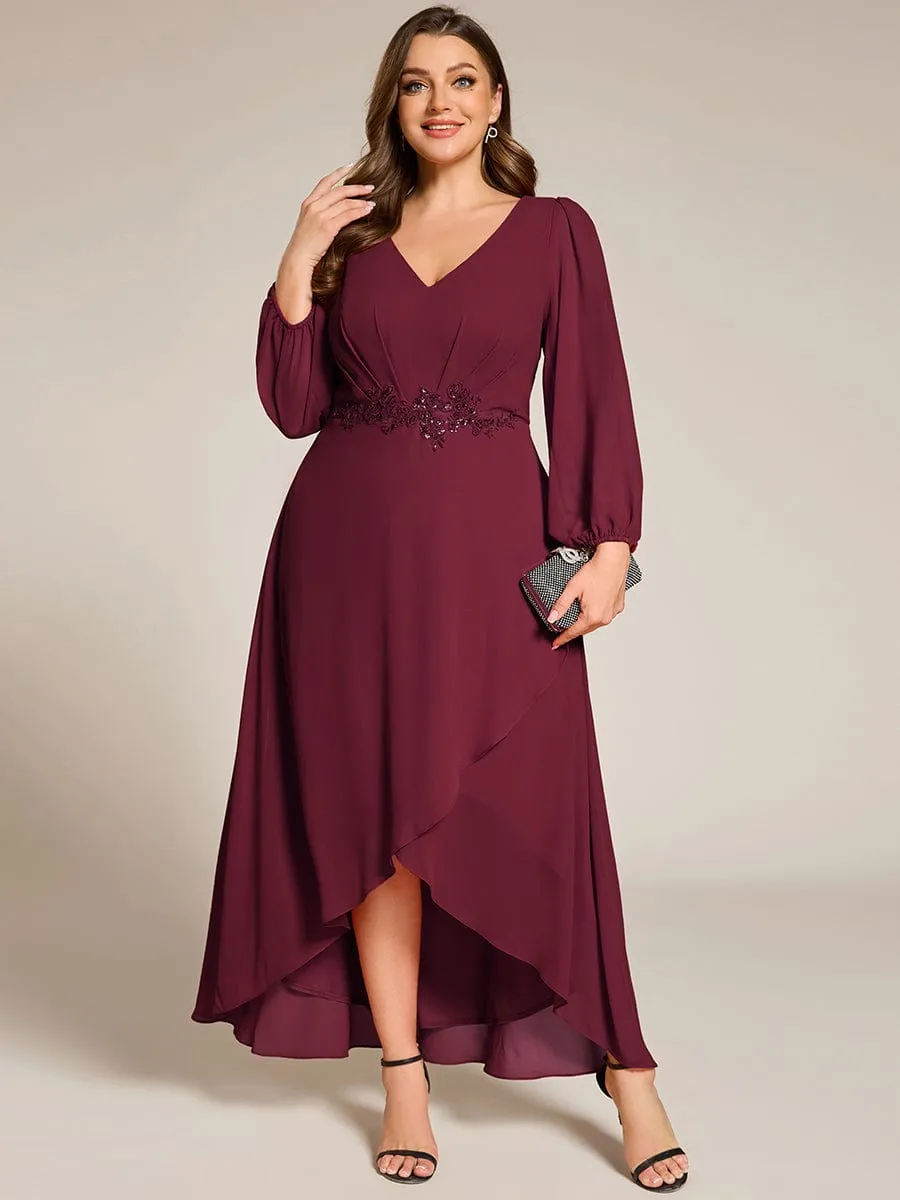 Nora | Plus Size V-Neck Long Sleeves Chiffon Formal Evening Dress with Applique