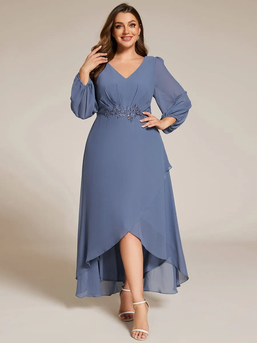 Nora | Plus Size V-Neck Long Sleeves Chiffon Formal Evening Dress with Applique