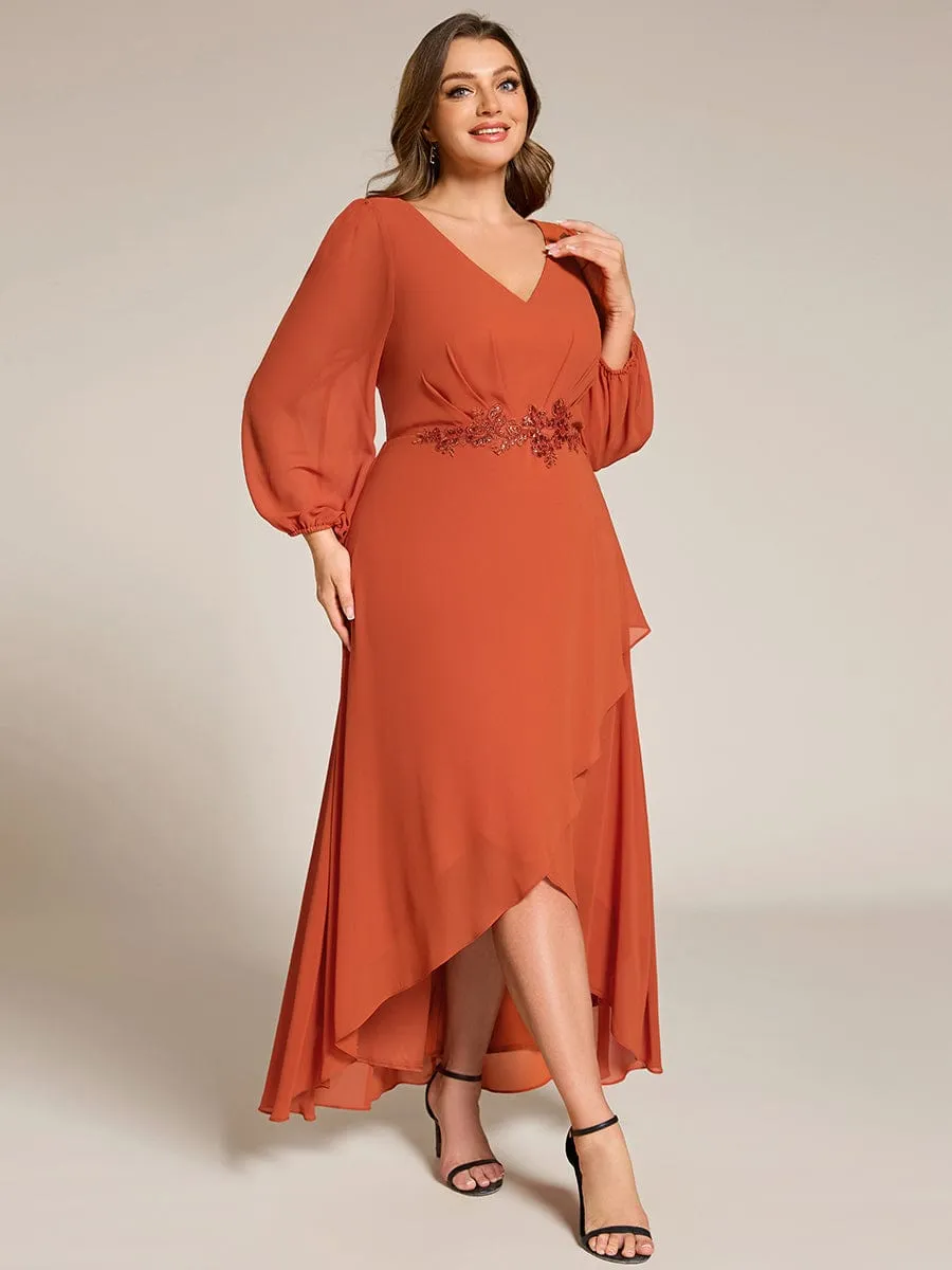 Nora | Plus Size V-Neck Long Sleeves Chiffon Formal Evening Dress with Applique