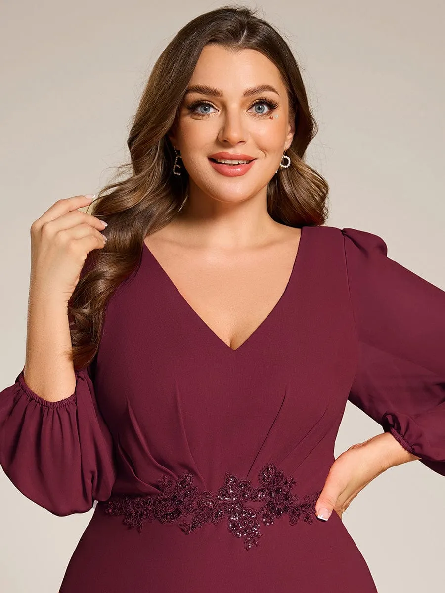 Nora | Plus Size V-Neck Long Sleeves Chiffon Formal Evening Dress with Applique