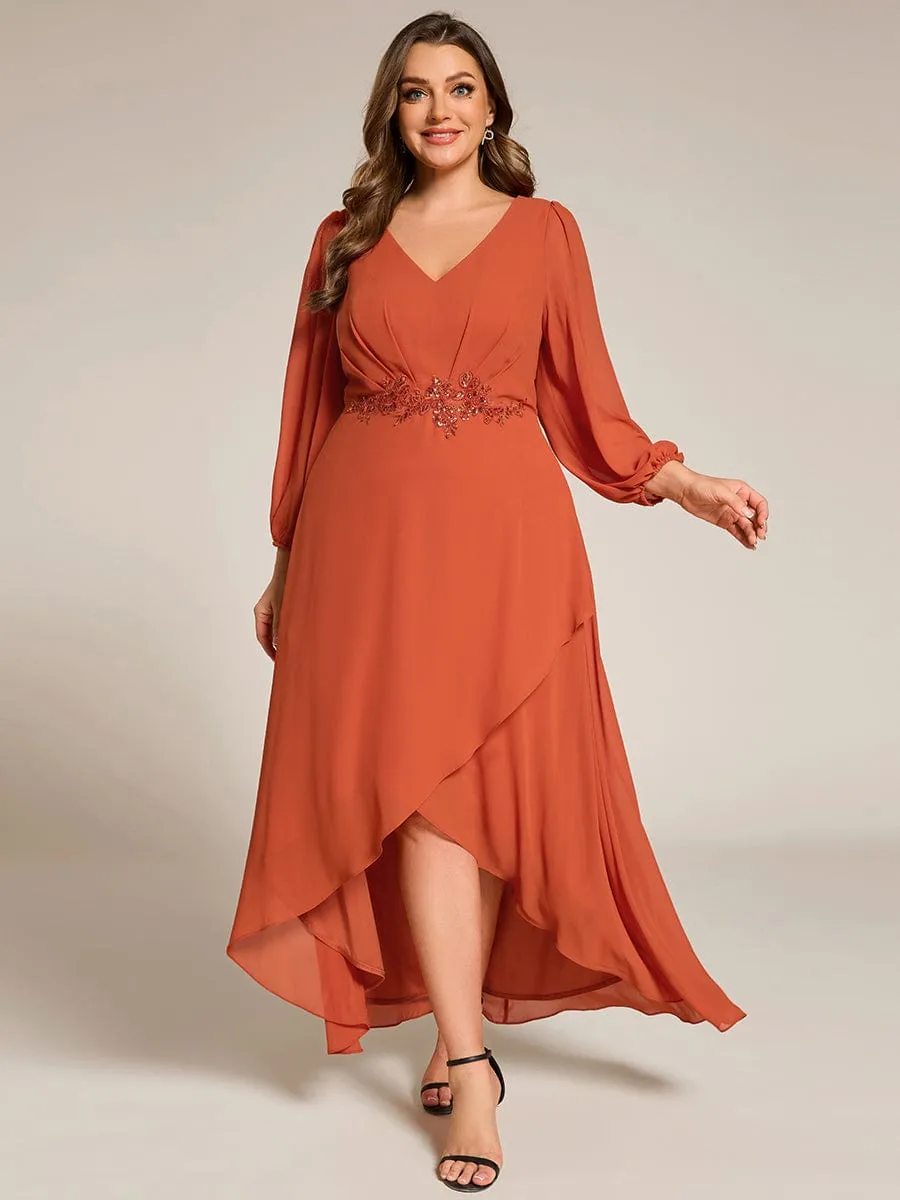 Nora | Plus Size V-Neck Long Sleeves Chiffon Formal Evening Dress with Applique