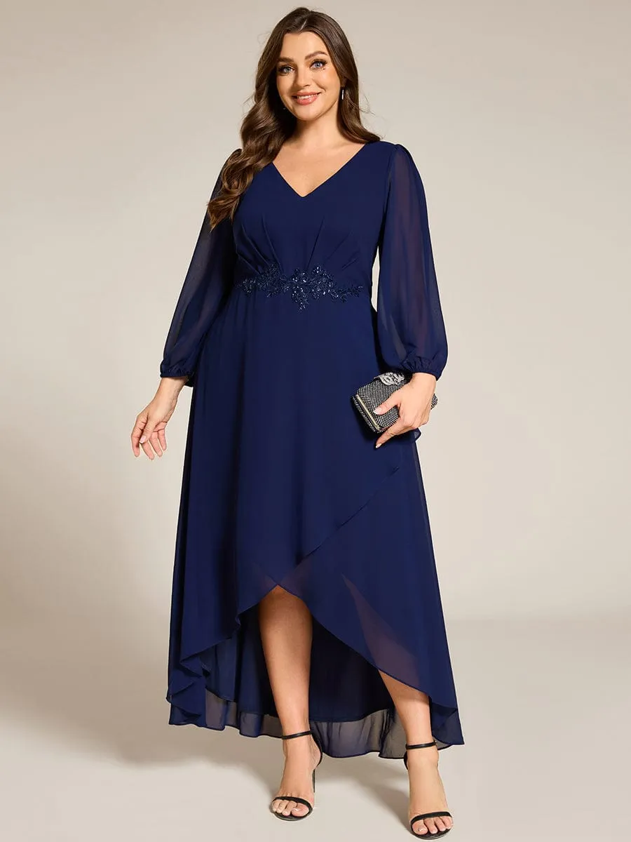 Nora | Plus Size V-Neck Long Sleeves Chiffon Formal Evening Dress with Applique