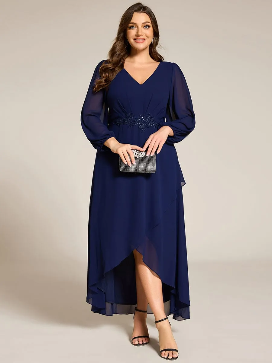 Nora | Plus Size V-Neck Long Sleeves Chiffon Formal Evening Dress with Applique