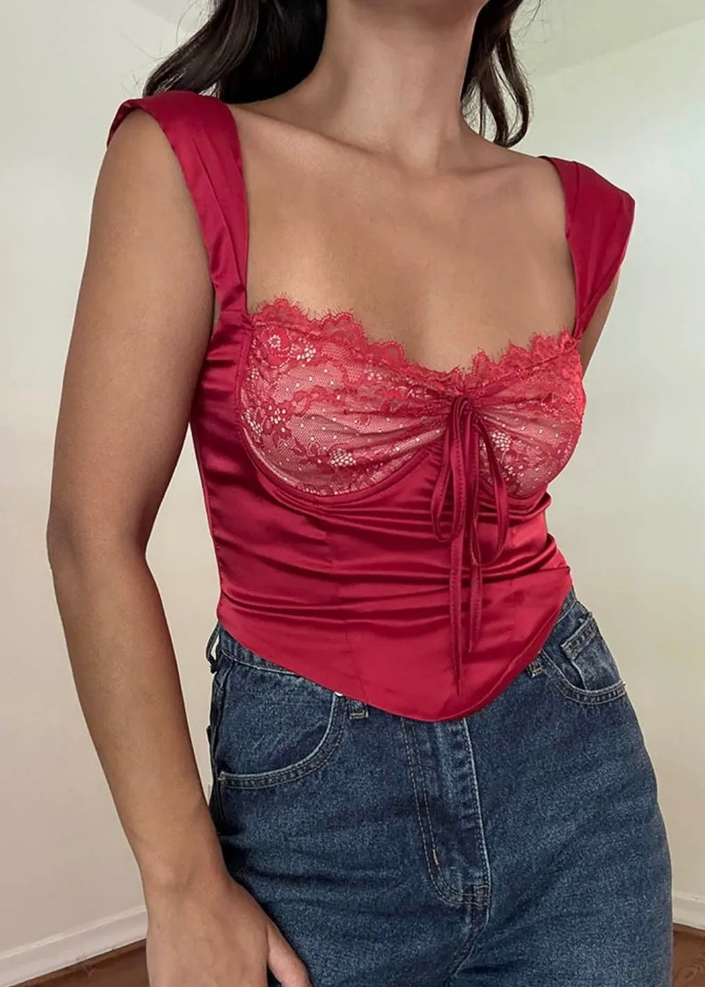 Nostalgic Noir Lace Corset Top in Red