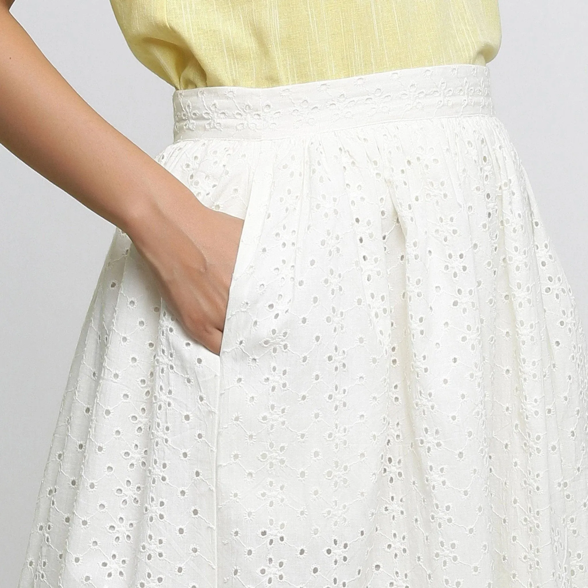 Off-White Cotton Schiffli Gathered Midi Skirt