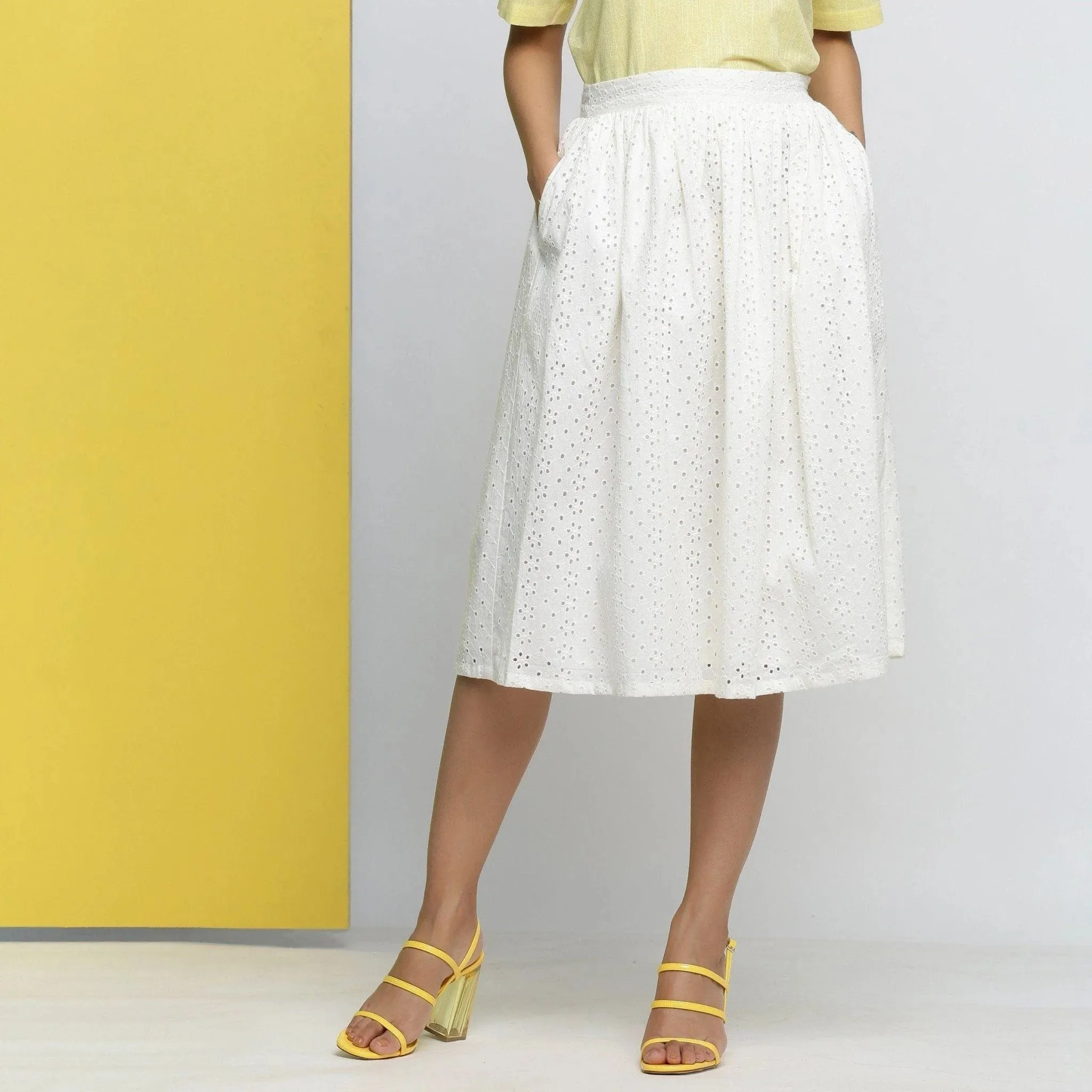 Off-White Cotton Schiffli Gathered Midi Skirt