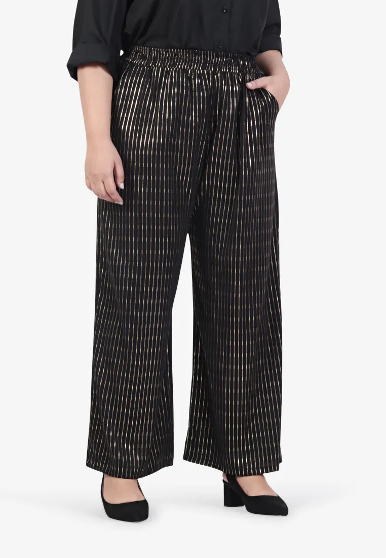 Puja Minimalist Raya Gold Stripe Wide Pants - Black