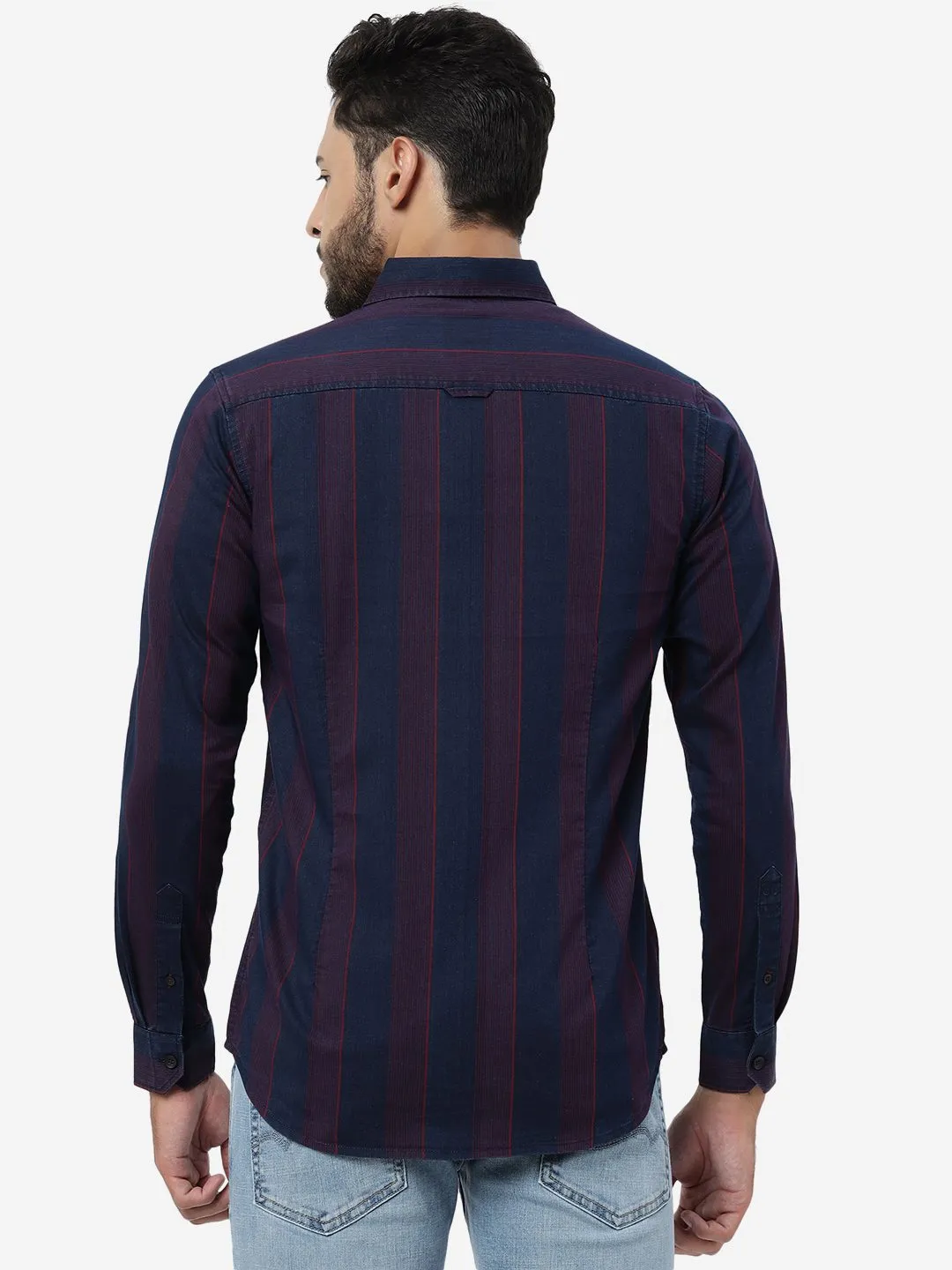 Red & Indigo Blue Striped Slim Fit Casual Shirt | JadeBlue