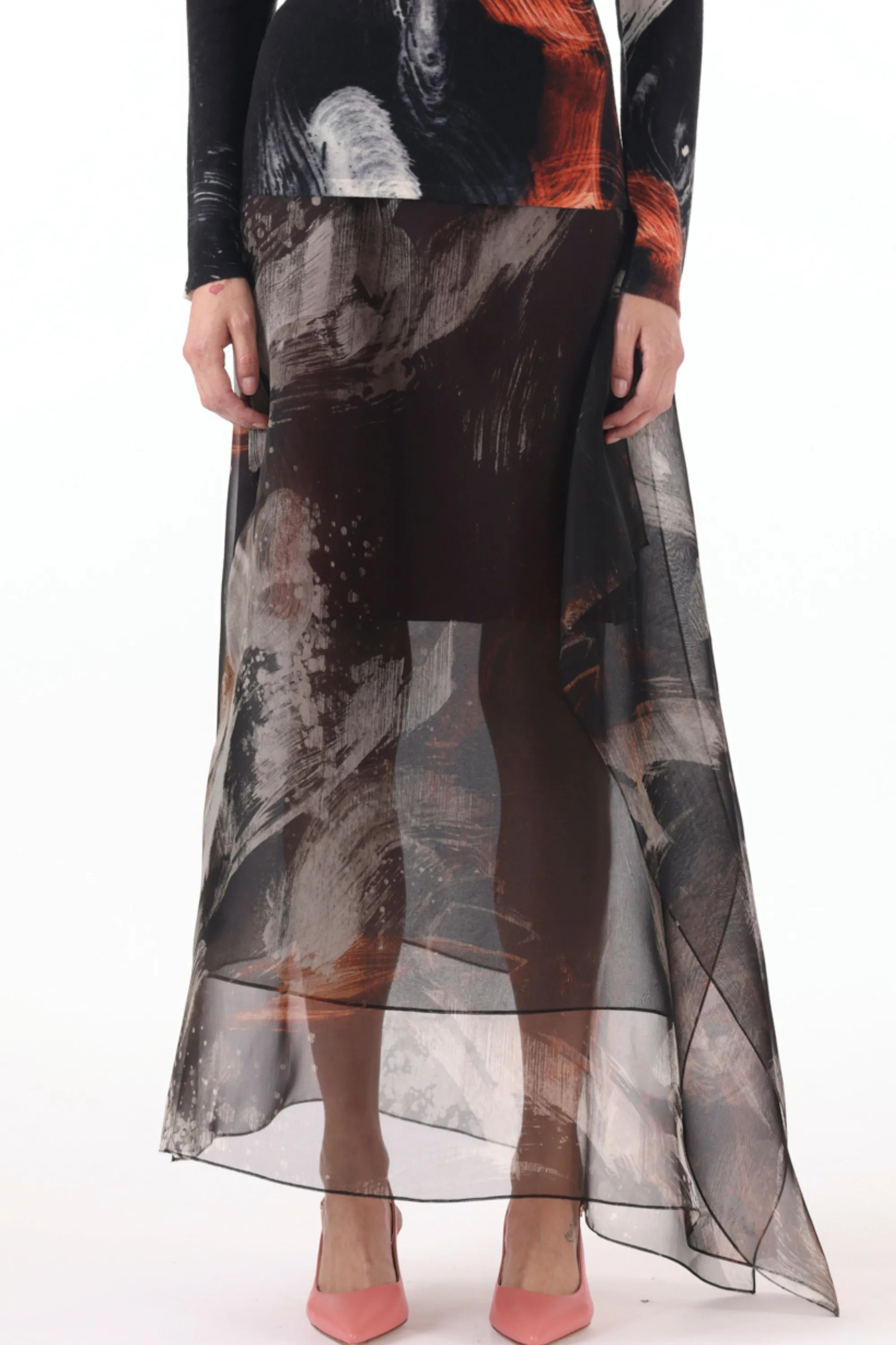 SILK ORGANZA BRUSHSTROKE PRINTED MIDI SKIRT