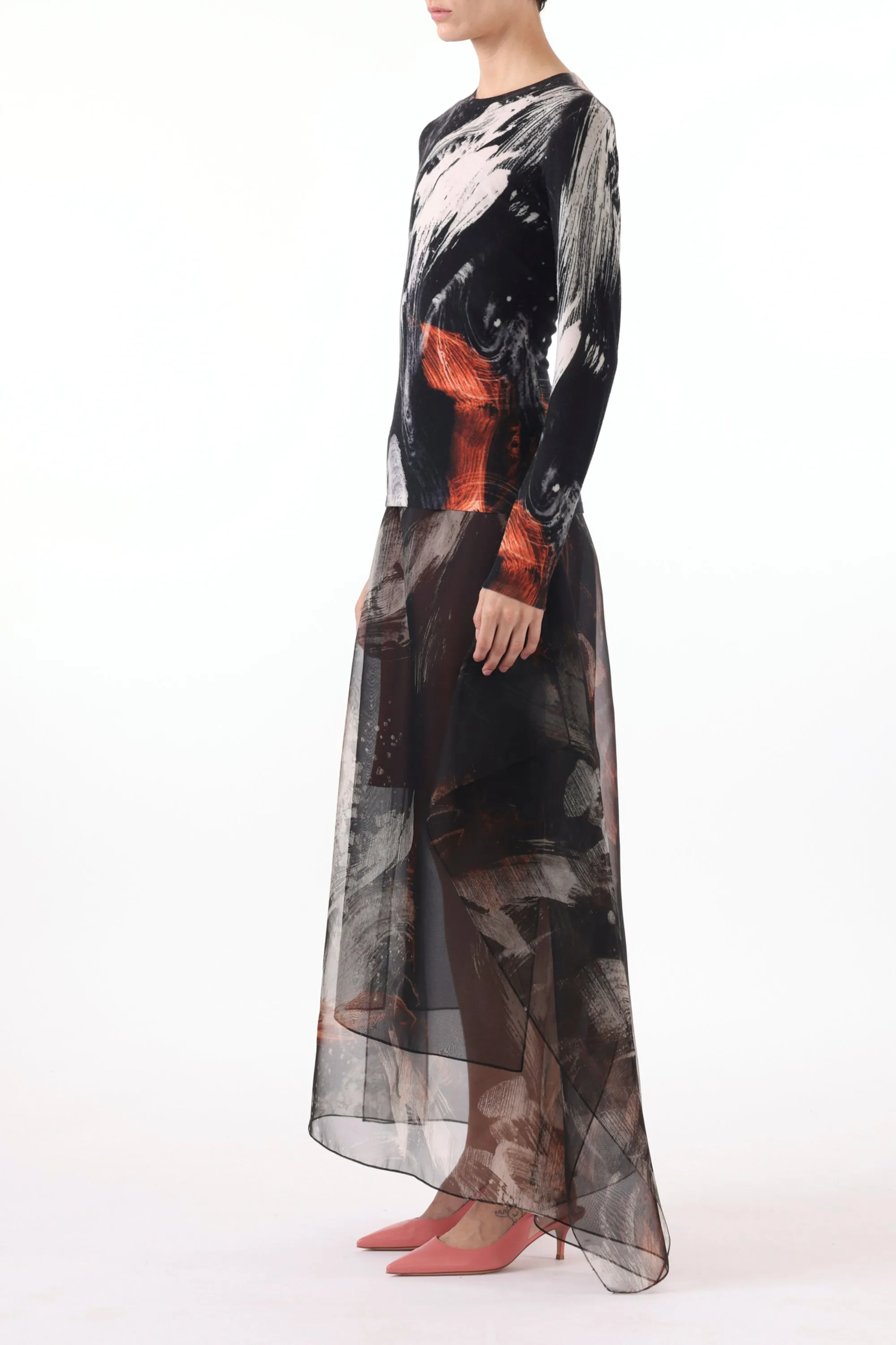 SILK ORGANZA BRUSHSTROKE PRINTED MIDI SKIRT