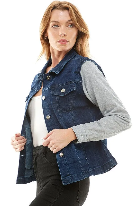 Spendex Ladies Denim Jacket with  Fleece Hoodie