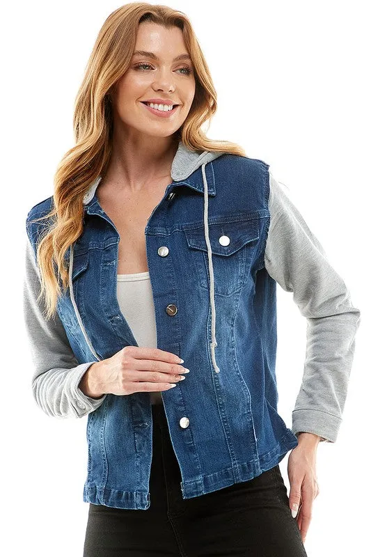 Spendex Ladies Denim Jacket with  Fleece Hoodie