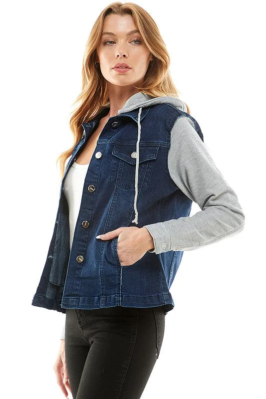 Spendex Ladies Denim Jacket with  Fleece Hoodie