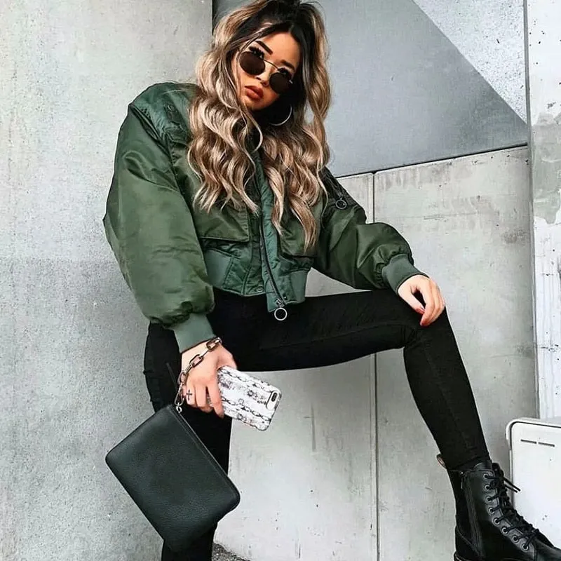 stylish lady green short zipper bomber jacket