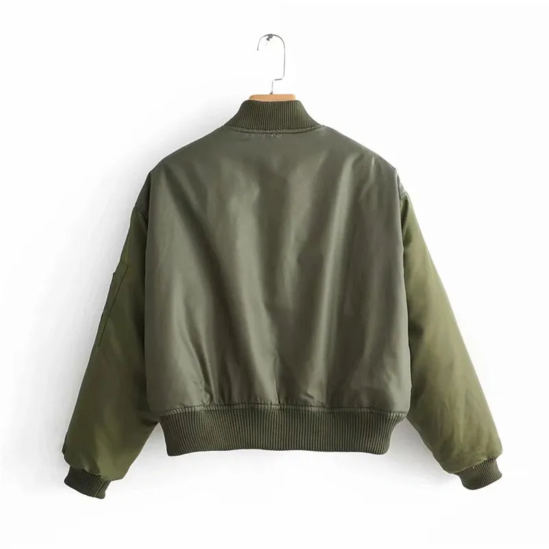 stylish lady green short zipper bomber jacket