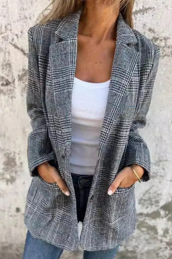 Stylish Retro Houndstooth Lapel Casual Blazer