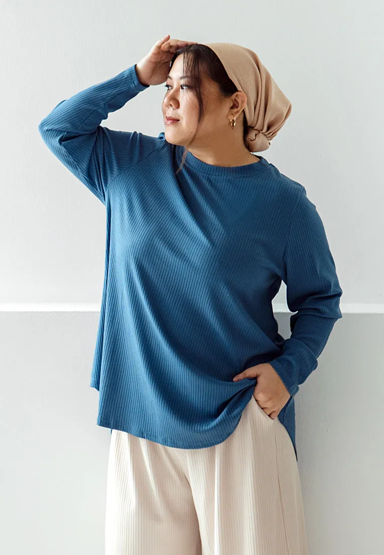 Tania Relax Ribbed Quarantine Crew Neck Top - Blue