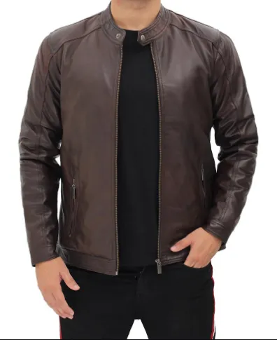 Udine Men's Waxed Dark Brown Snap Collar Leather Racer Jacket