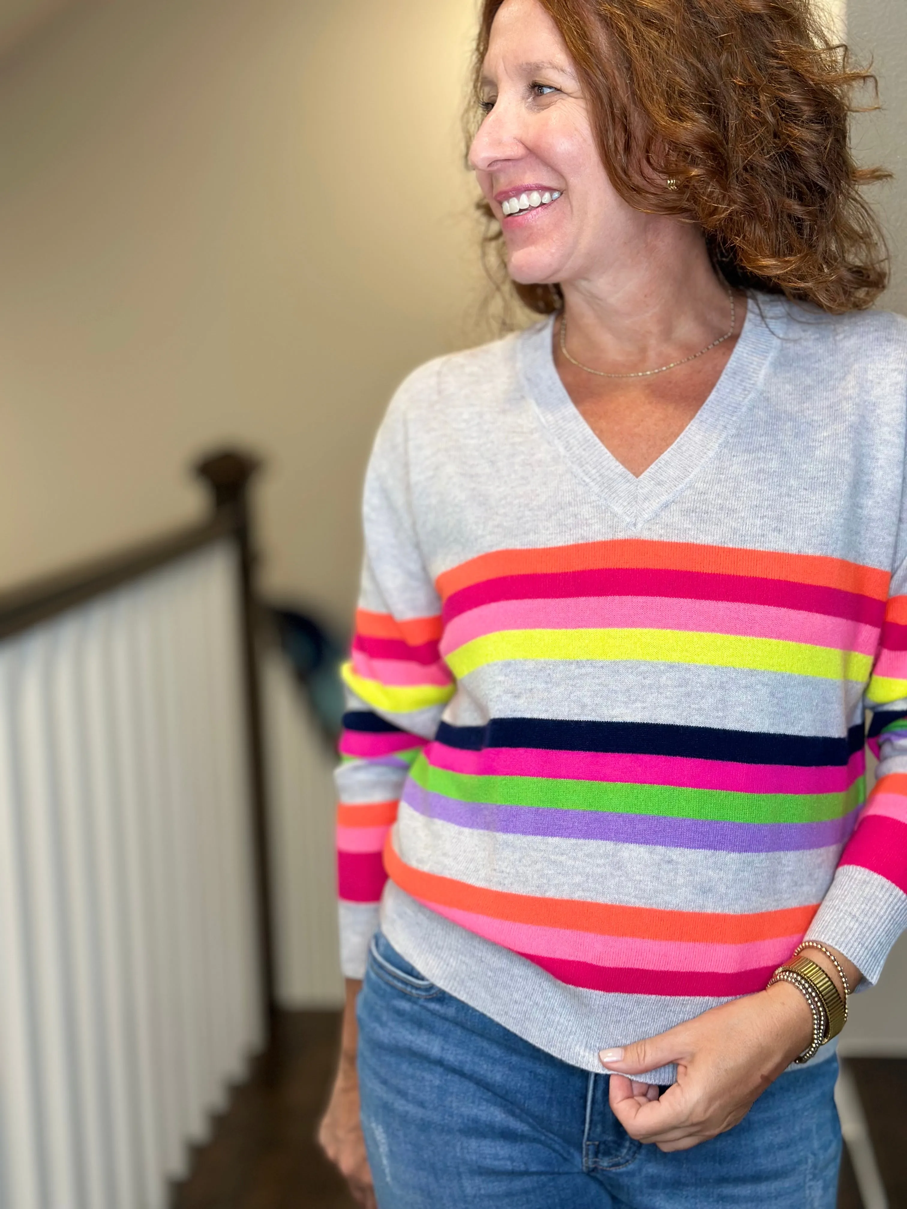 Vilagallo - Grey V Neck Pullover Striped Sweater