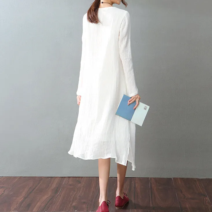 vintage white cotton linen maxi dress Loose fitting O neck baggy dresses New long sleeve patchwork dresses