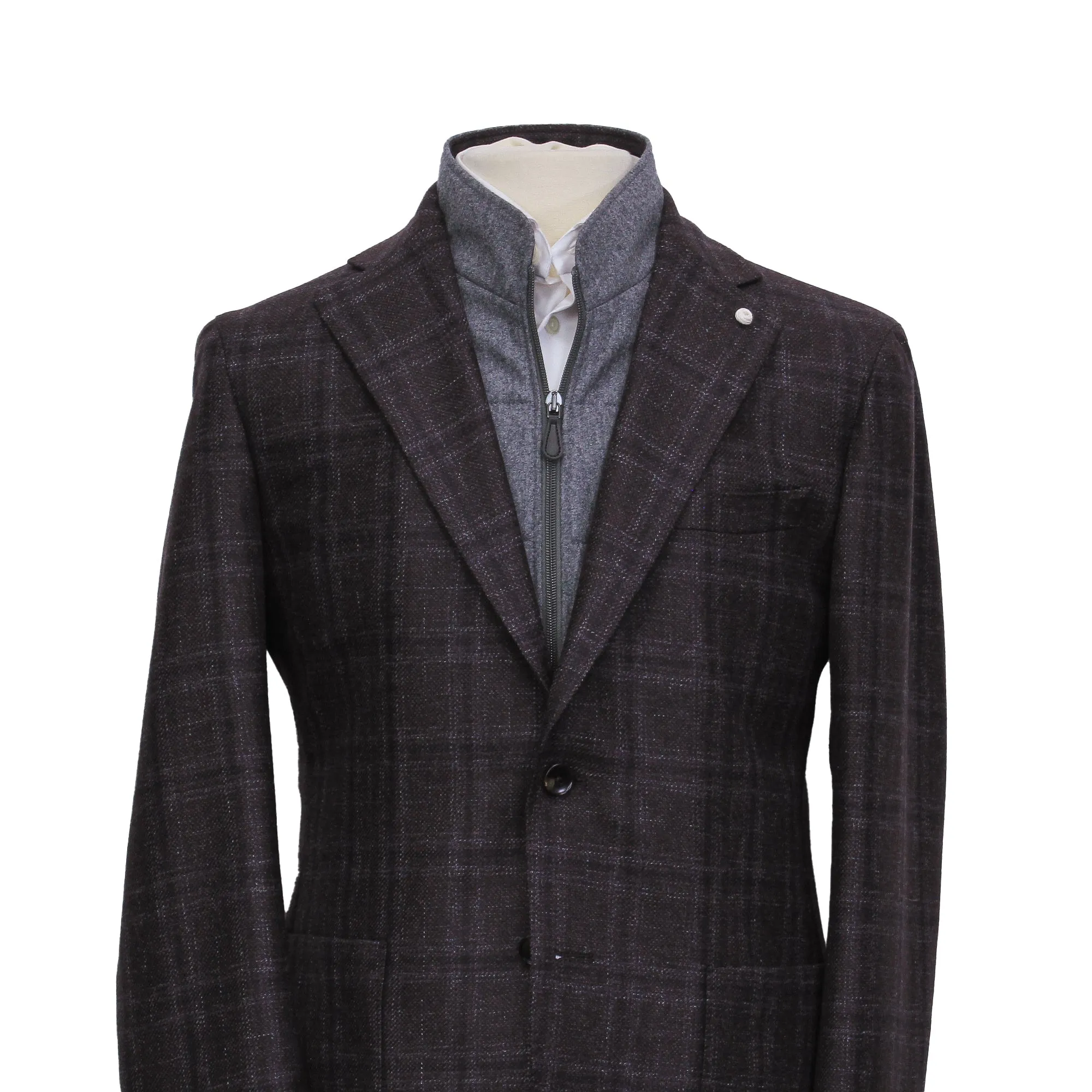 Wine & Gray Check Wool Hybrid Sport Jacket with Bib - Luigi Bianchi