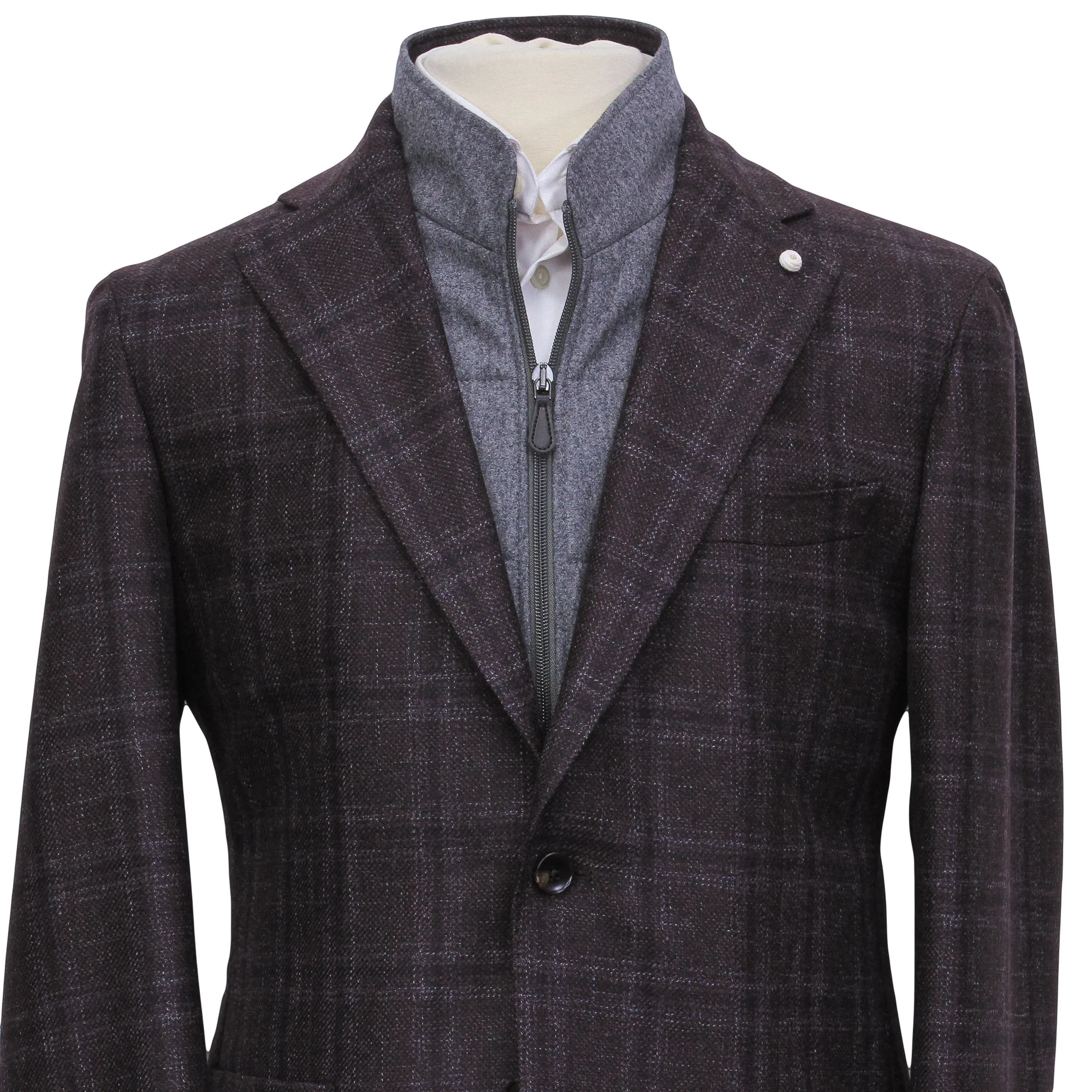 Wine & Gray Check Wool Hybrid Sport Jacket with Bib - Luigi Bianchi