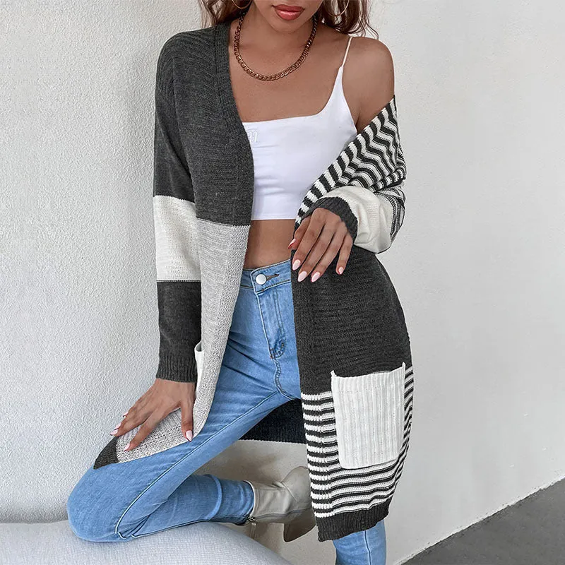 Women Stitching Striped Cardigan Sweater Coat Women Wholesale