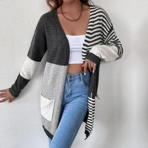 Women Stitching Striped Cardigan Sweater Coat Women Wholesale