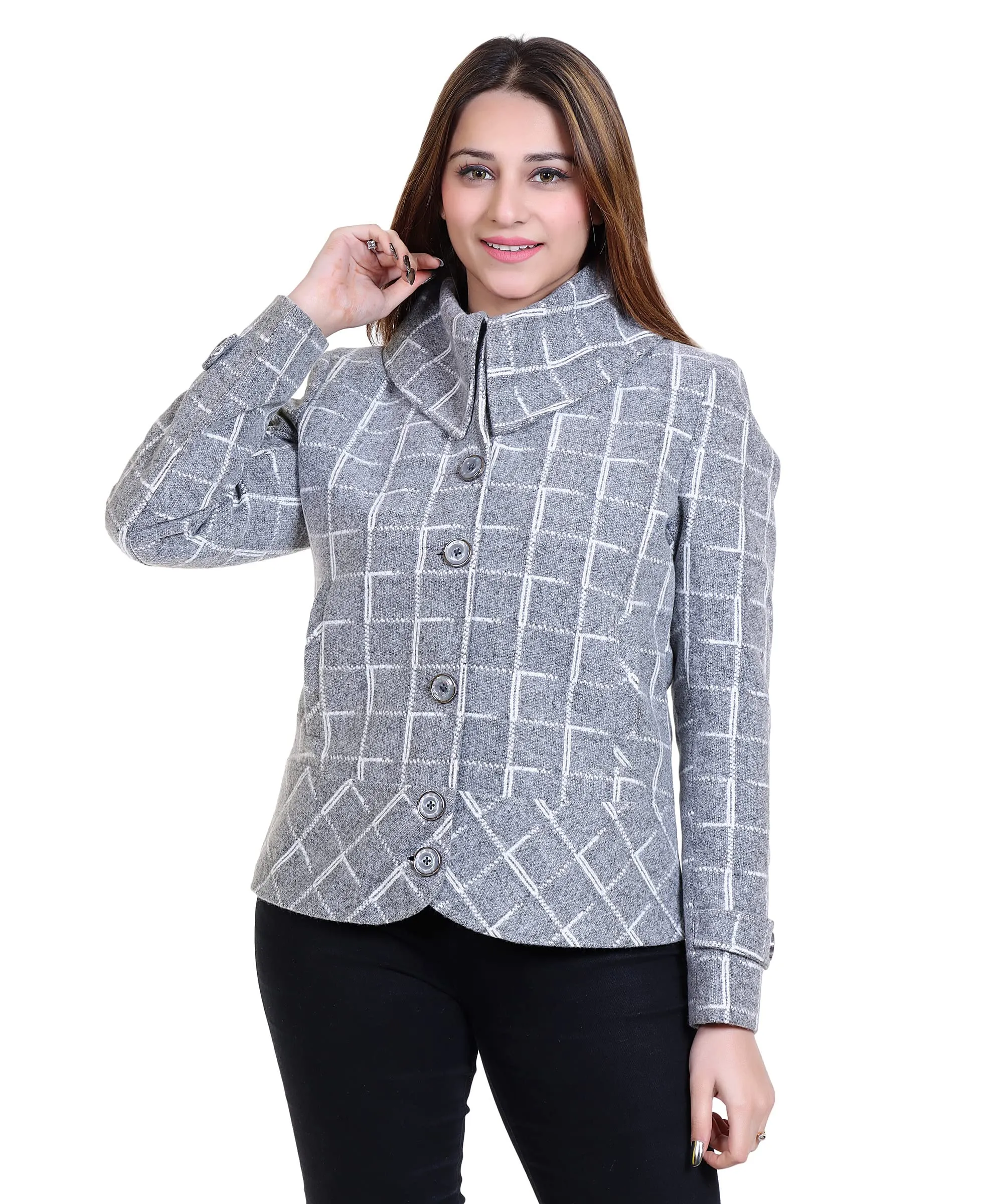 Women Stylish Check Hip Short Coat with High Neck Collar and 3 Square Metallic Buttons