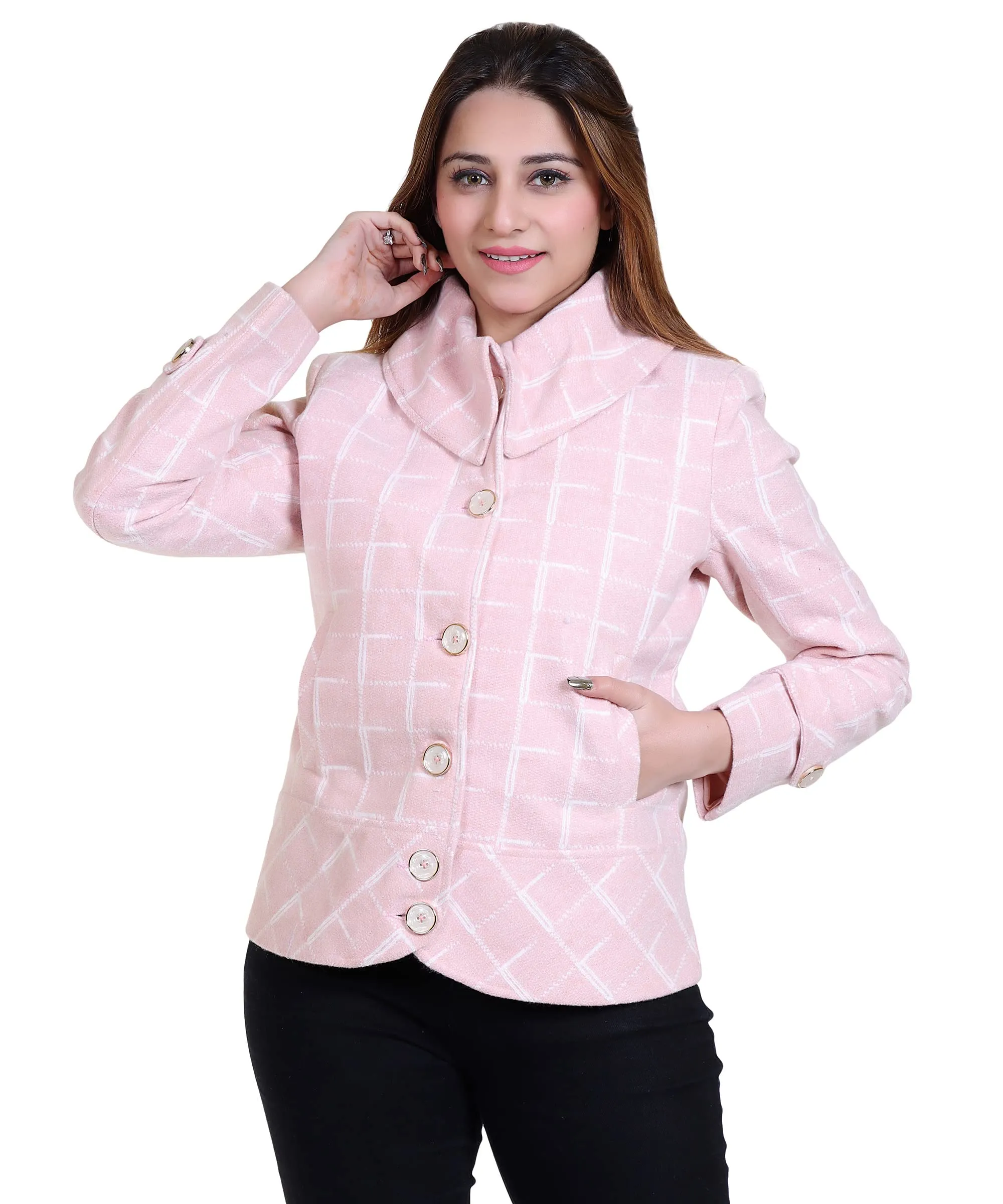 Women Stylish Check Hip Short Coat with High Neck Collar and 3 Square Metallic Buttons