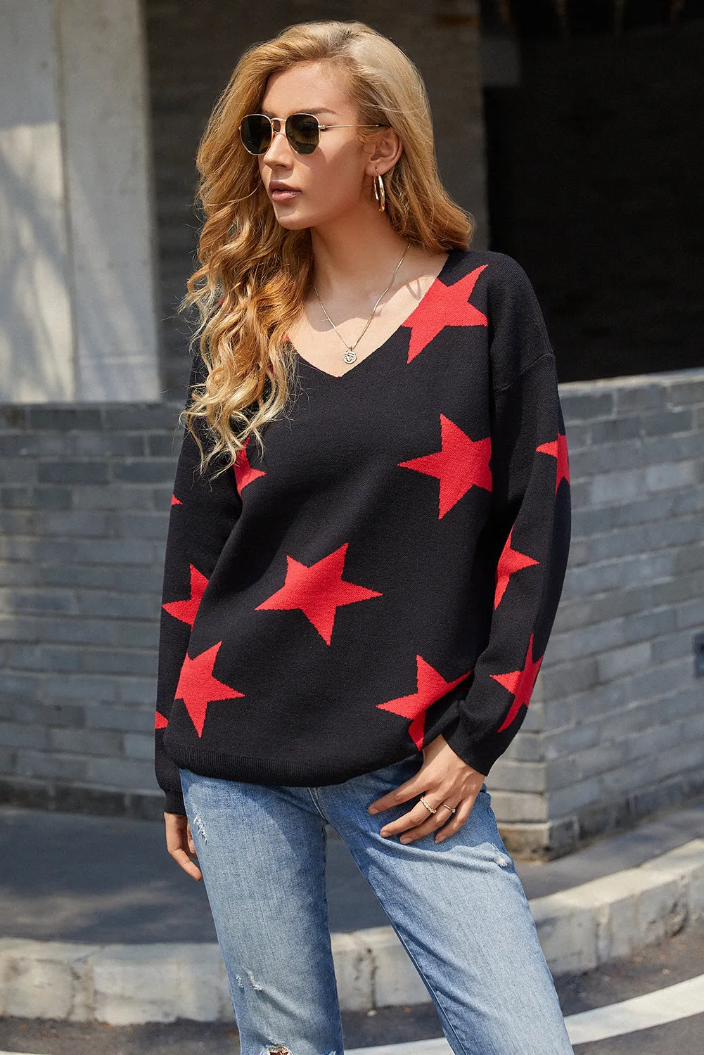 Women V Neck Stars Print Lightweight Pullover Sweaters