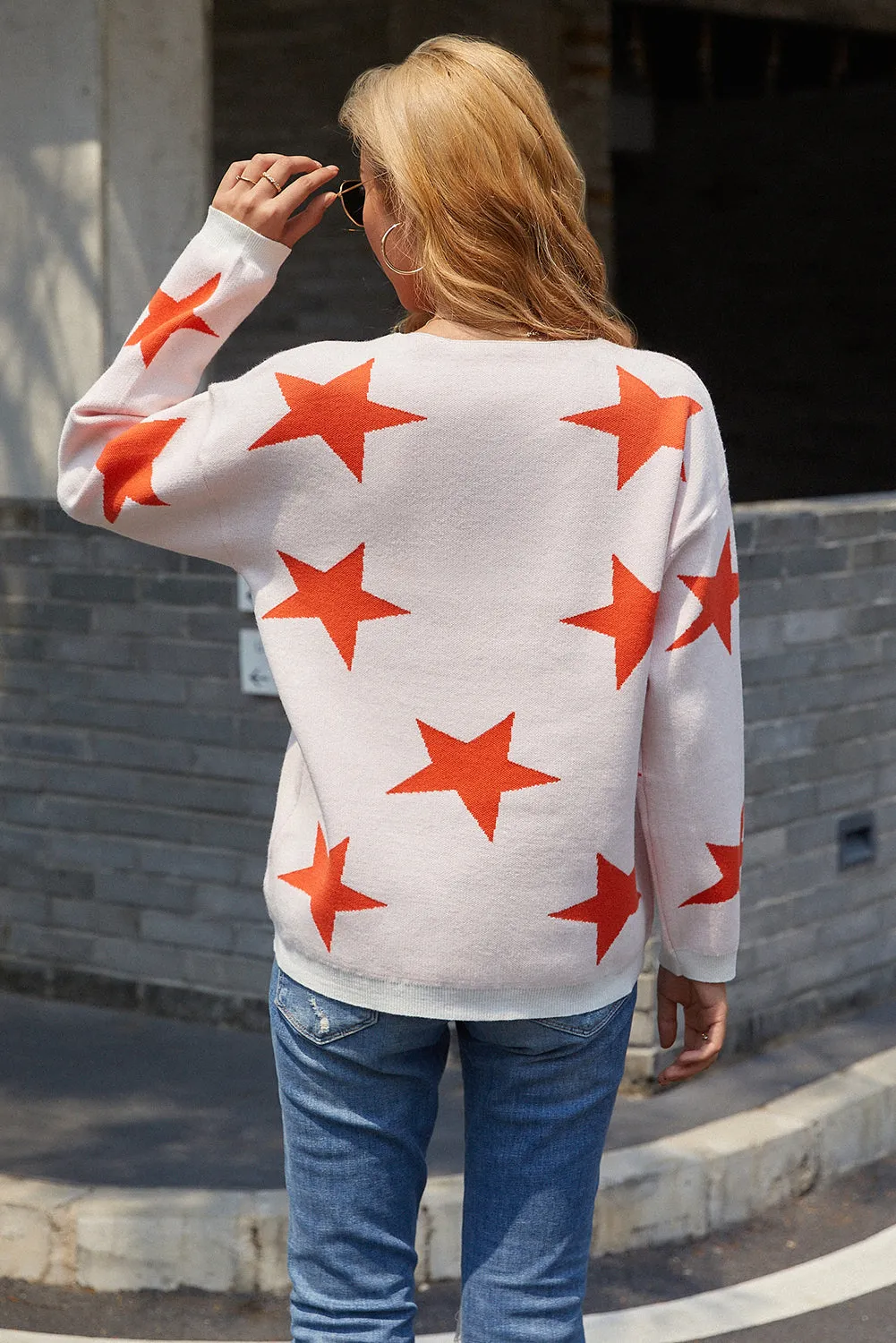 Women V Neck Stars Print Lightweight Pullover Sweaters