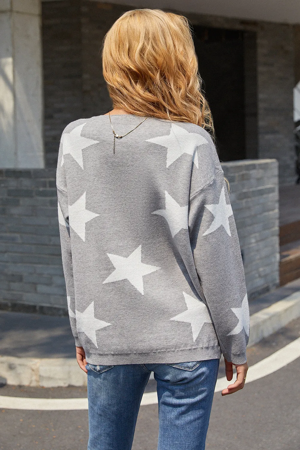 Women V Neck Stars Print Lightweight Pullover Sweaters