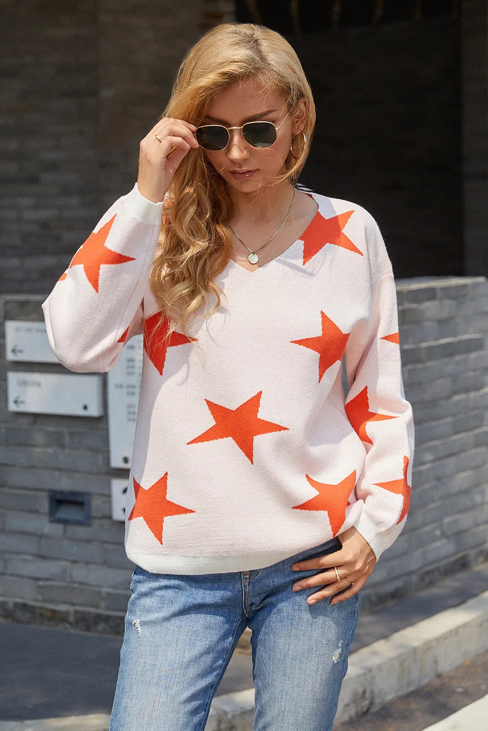 Women V Neck Stars Print Lightweight Pullover Sweaters