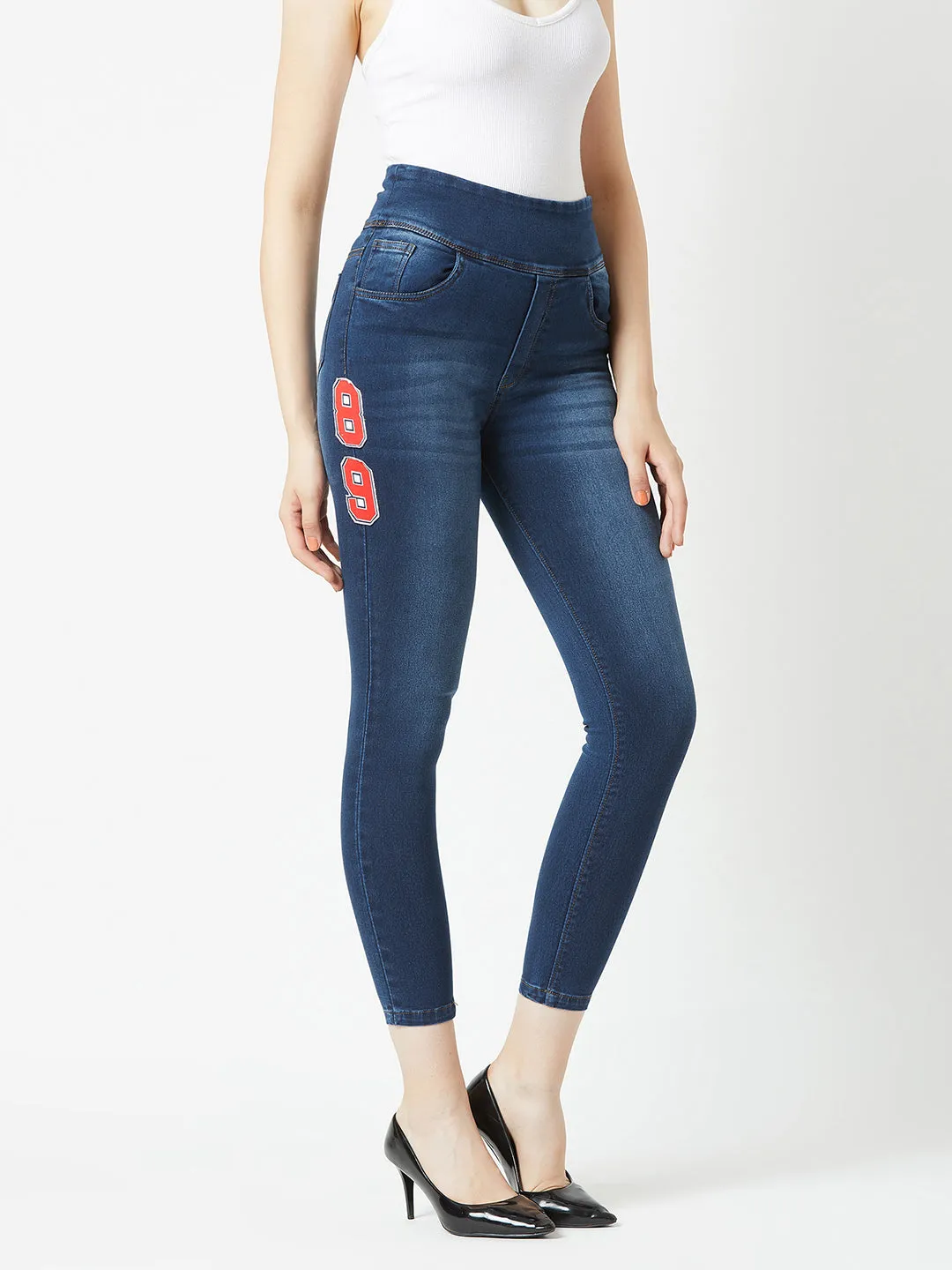 Women's Navy Blue Super Skinny Fit with Printed Patch High Rise Stretchable Regular Length Denim Jeggings