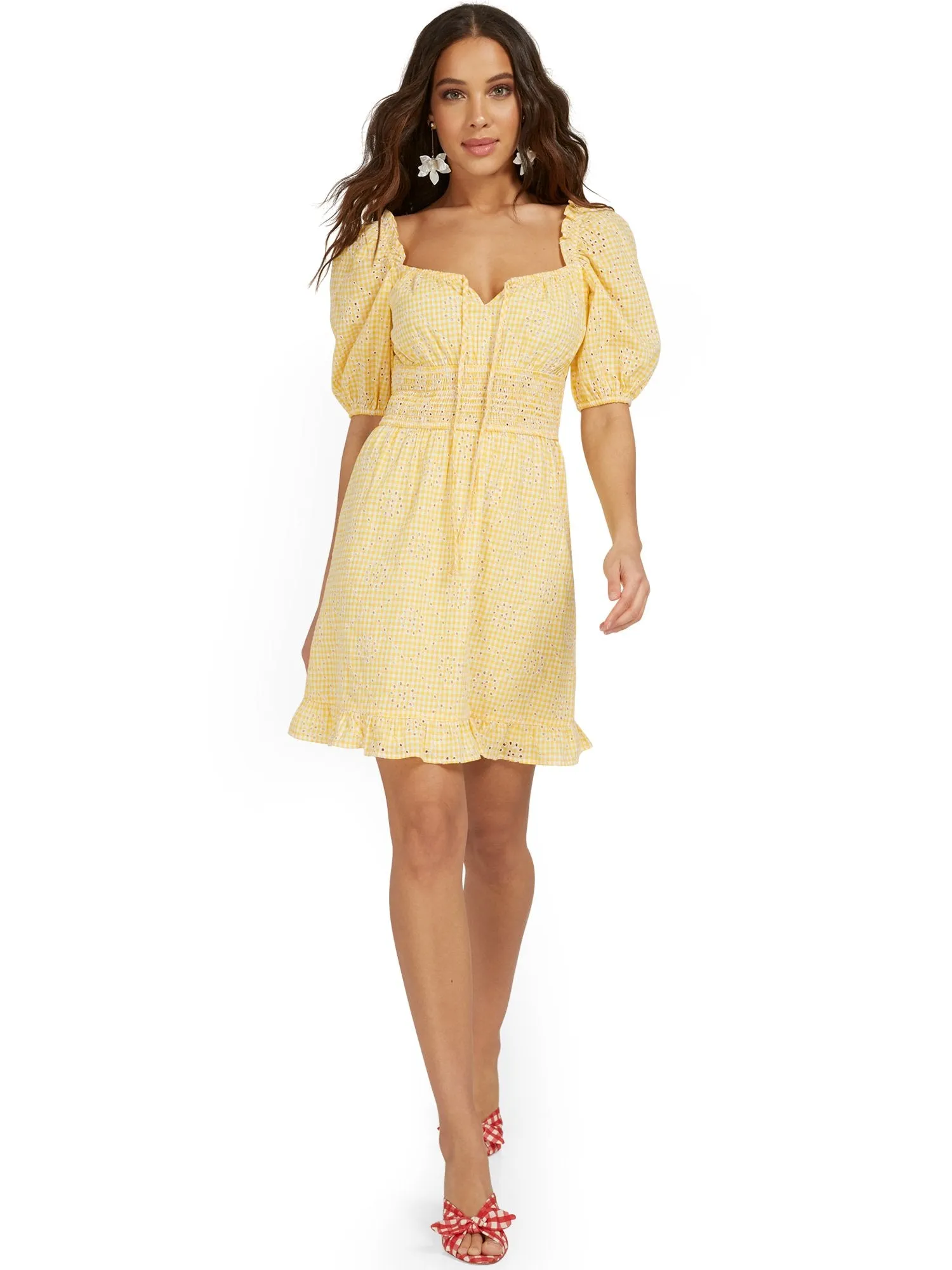 Yellow Embroidered Puff-Sleeve Gingham Dress