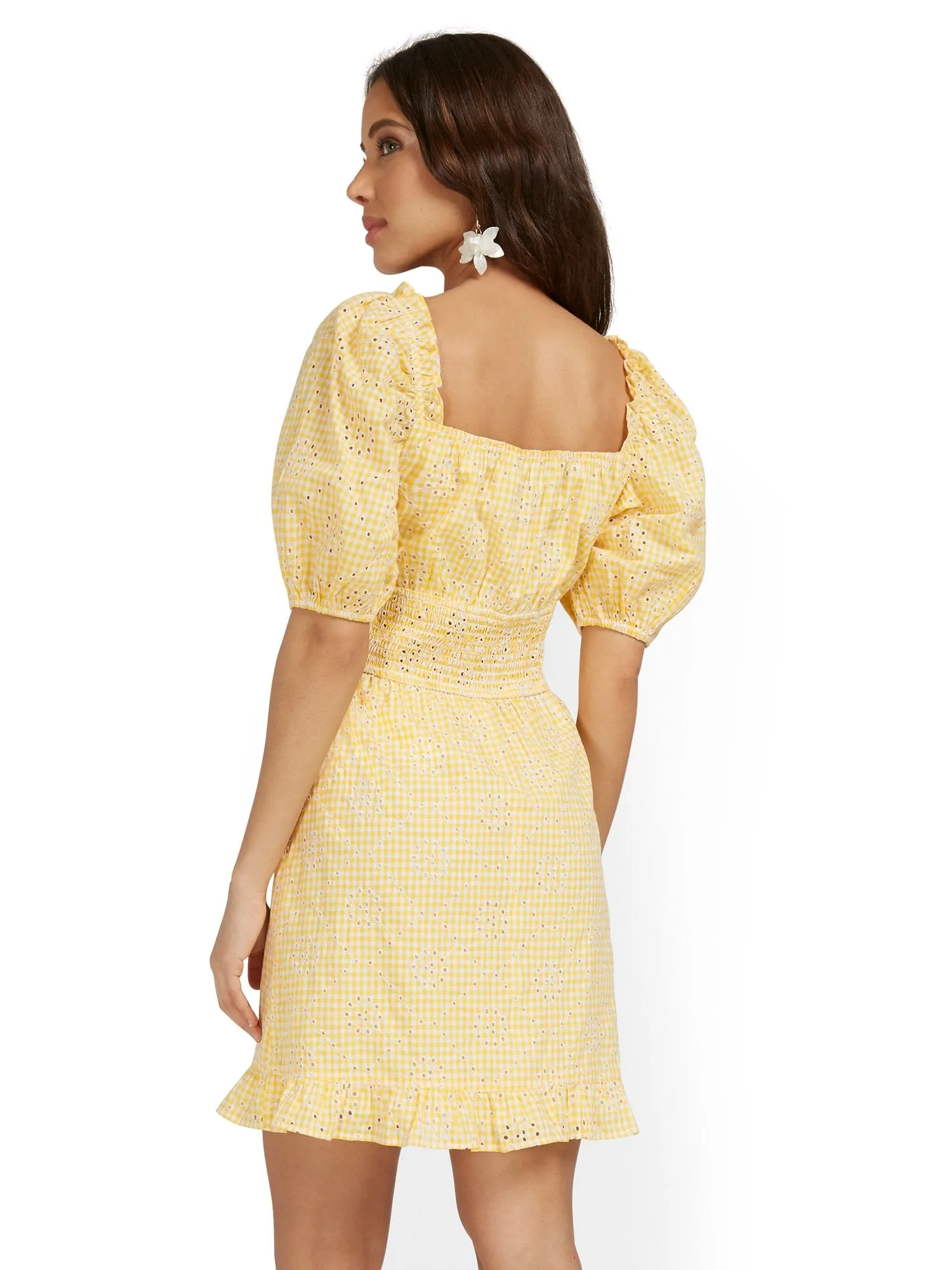 Yellow Embroidered Puff-Sleeve Gingham Dress