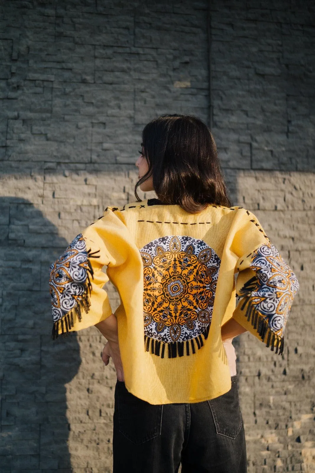 Yellow Handmade Cardigan with Unique Motifs and Tassels