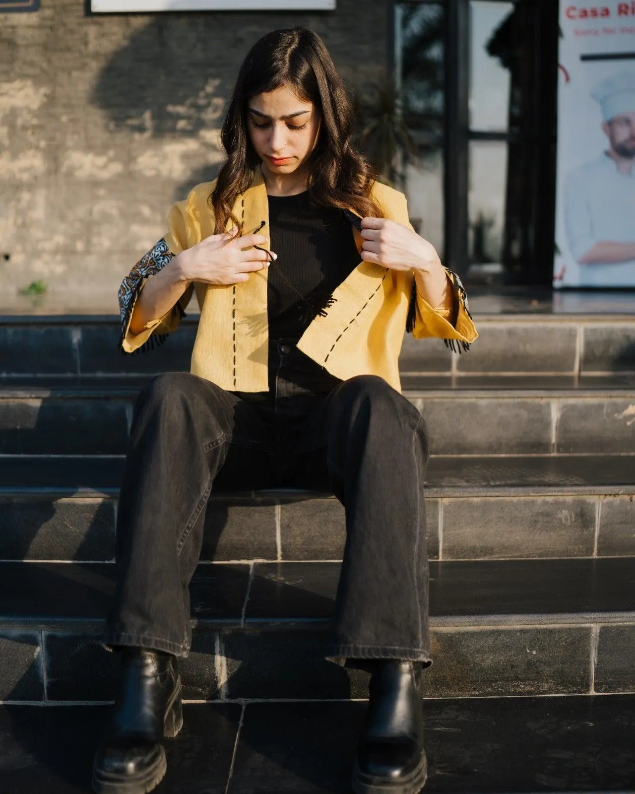 Yellow Handmade Cardigan with Unique Motifs and Tassels