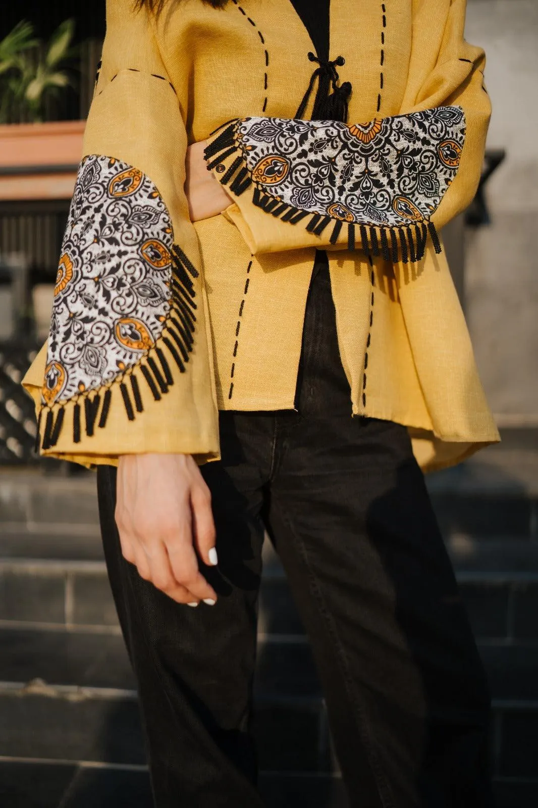 Yellow Handmade Cardigan with Unique Motifs and Tassels