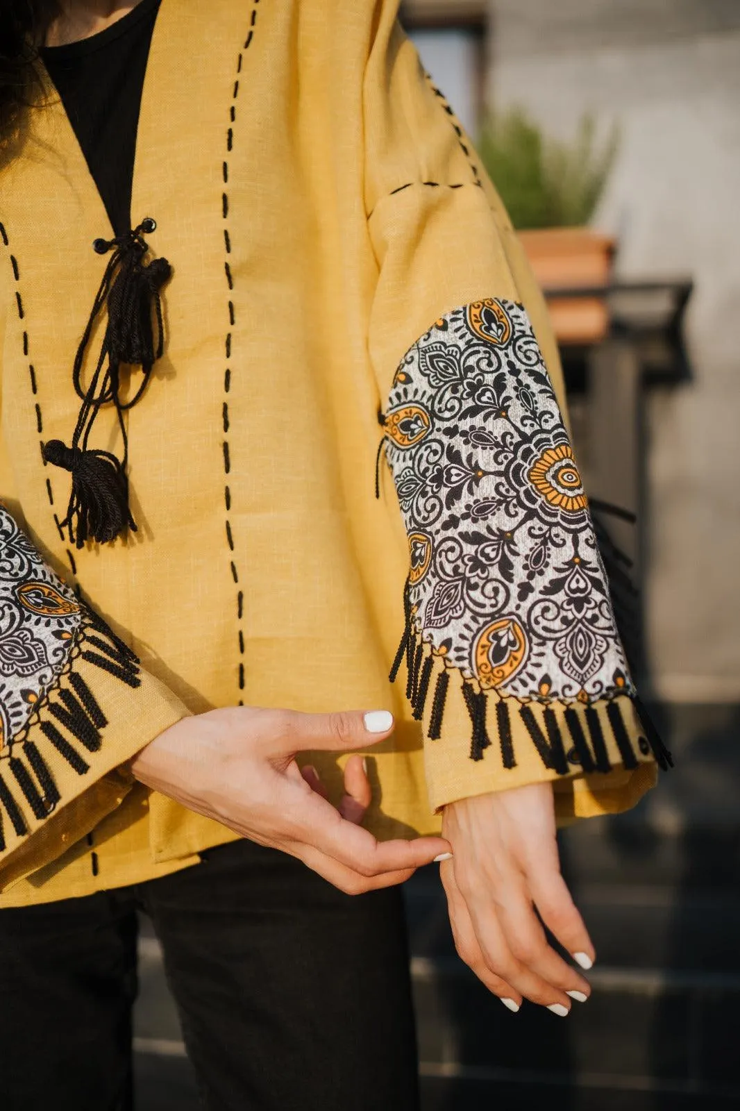 Yellow Handmade Cardigan with Unique Motifs and Tassels