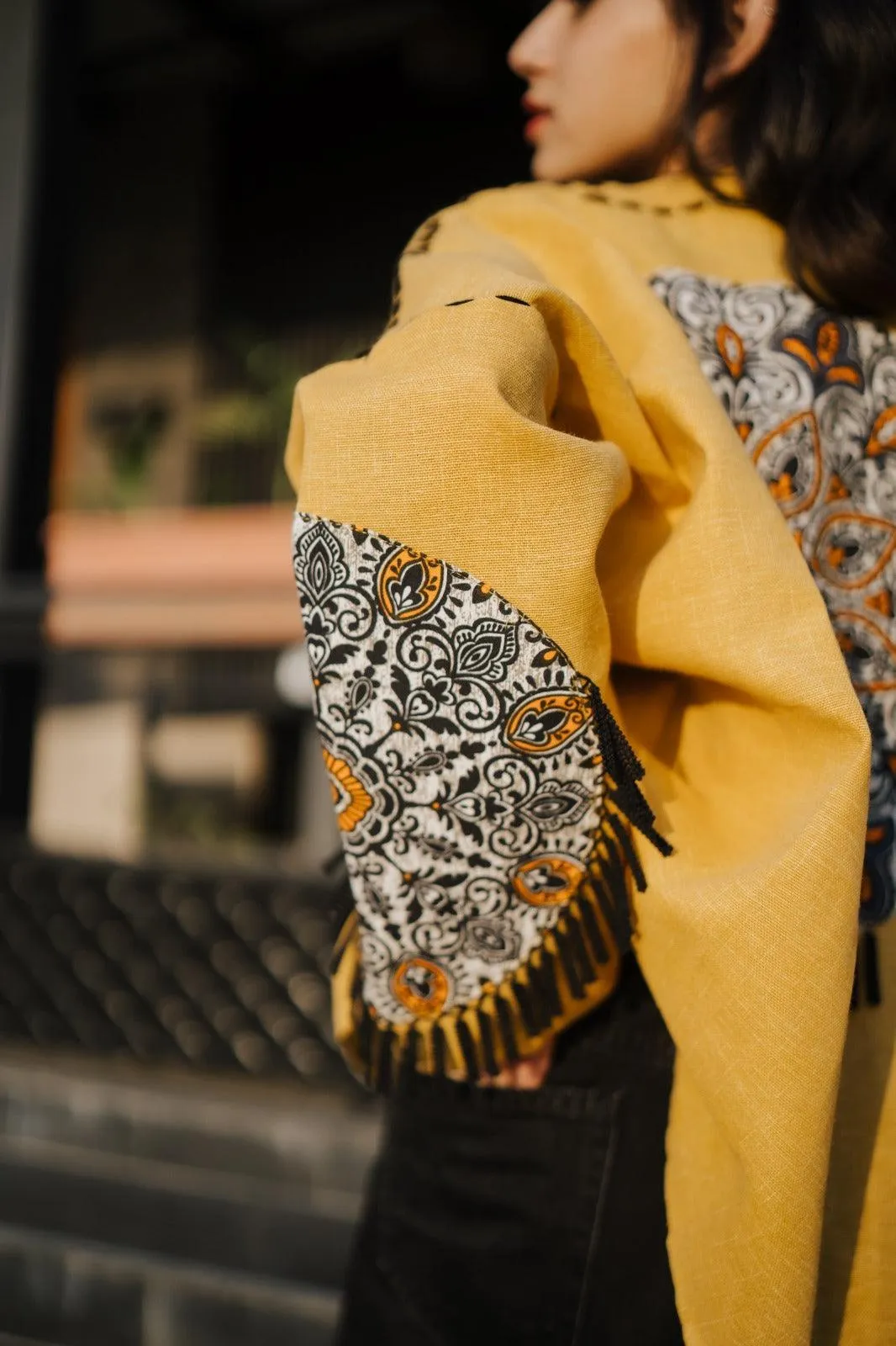 Yellow Handmade Cardigan with Unique Motifs and Tassels