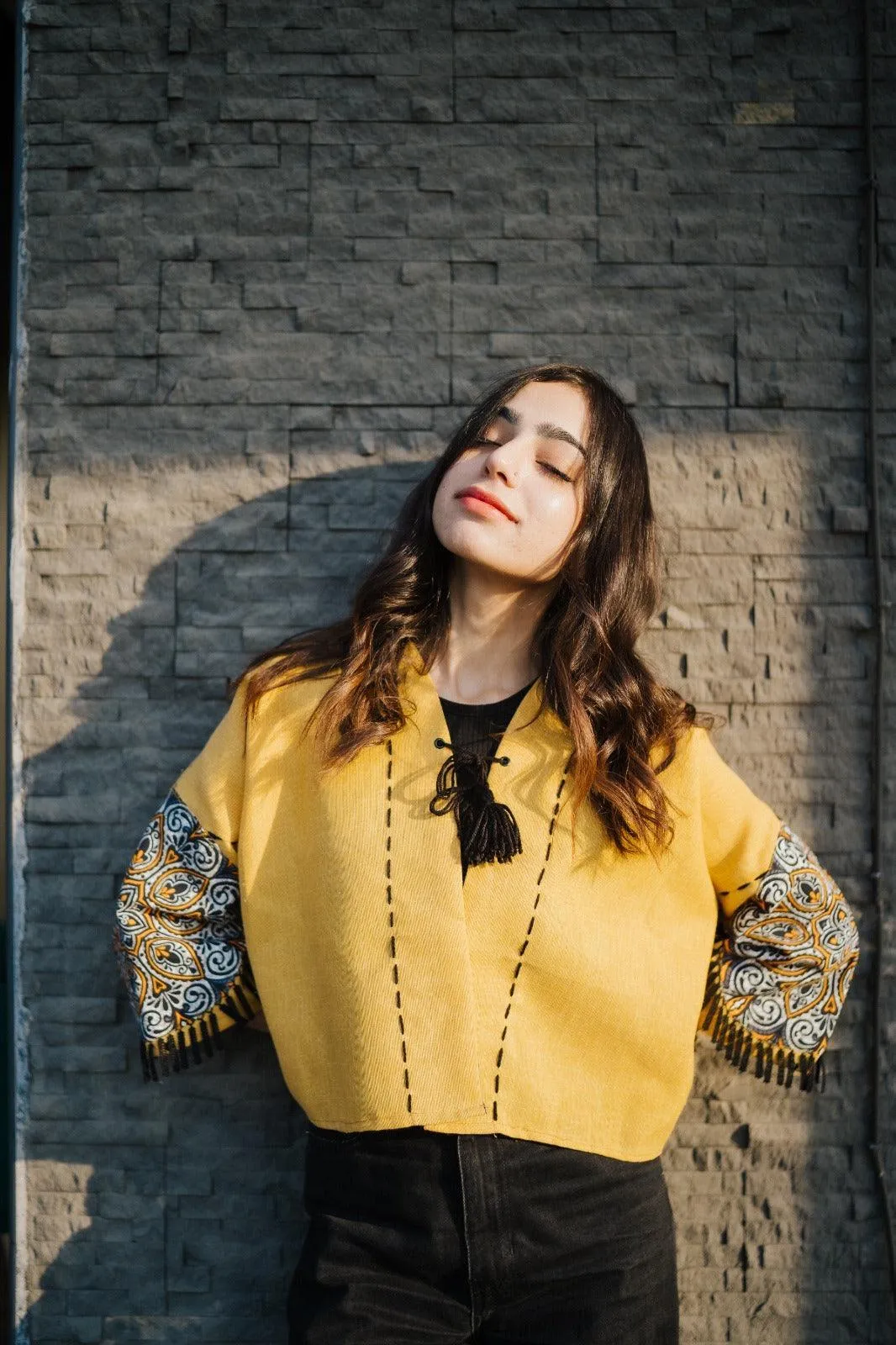 Yellow Handmade Cardigan with Unique Motifs and Tassels