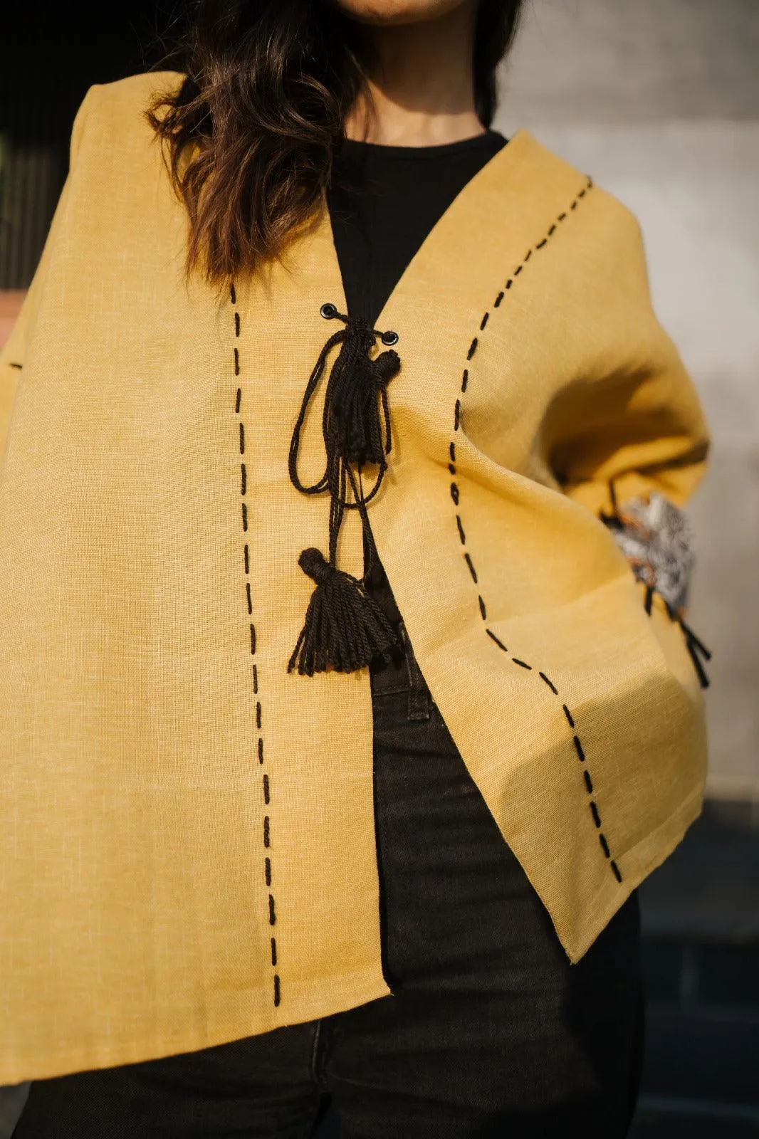 Yellow Handmade Cardigan with Unique Motifs and Tassels