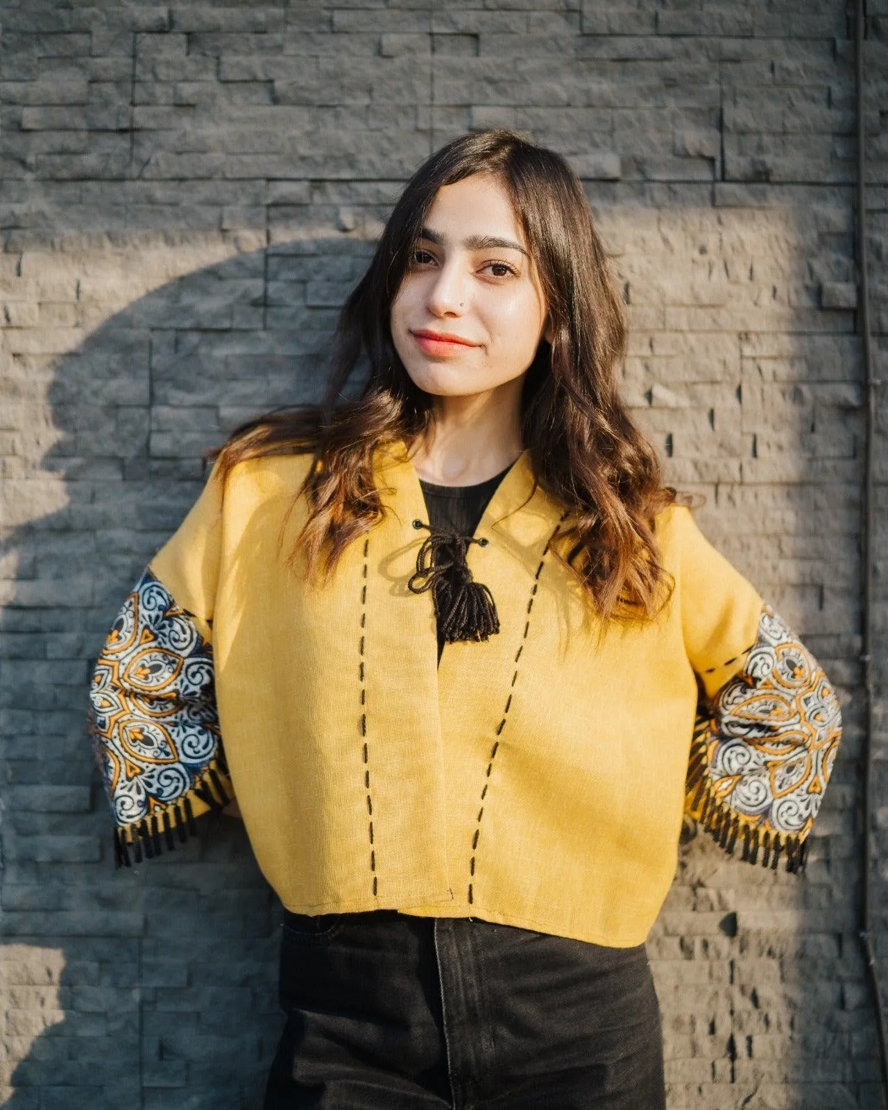 Yellow Handmade Cardigan with Unique Motifs and Tassels