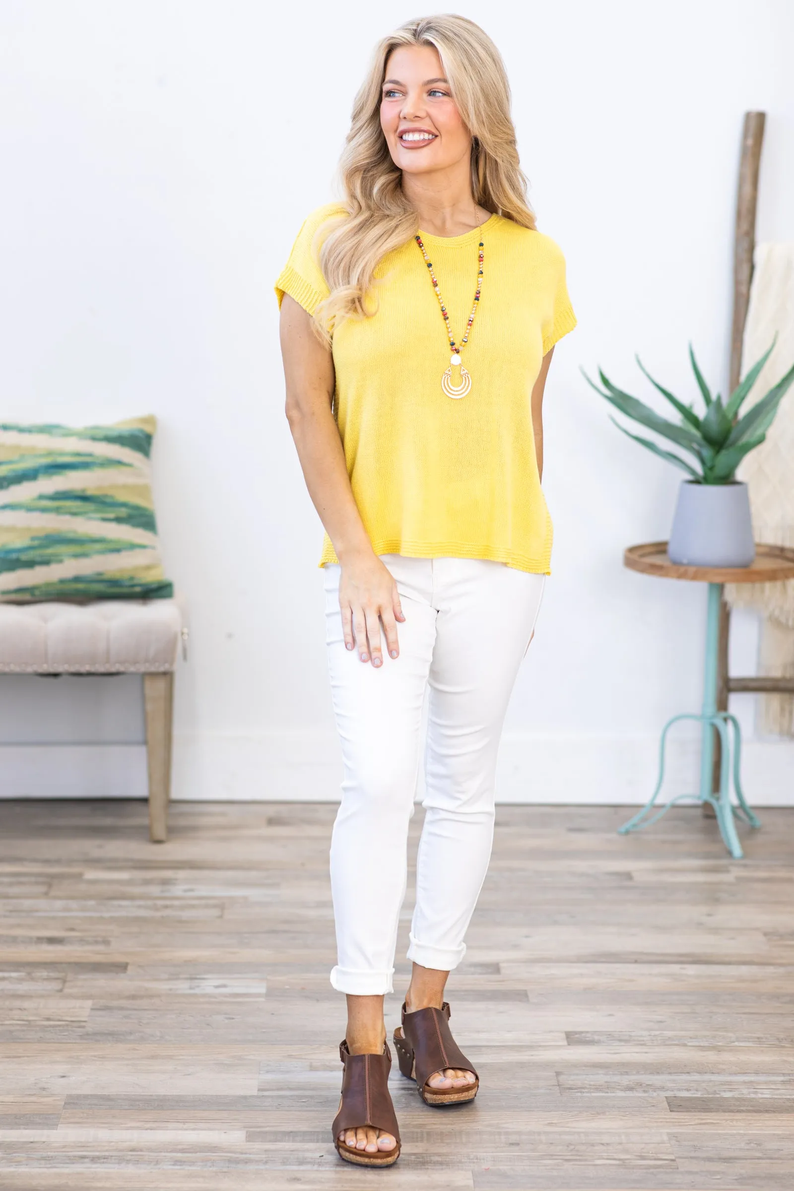 Yellow Lightweight Short Sleeve Sweater